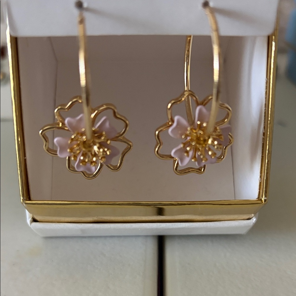 True to Form Gold and Pink Floral Hoop Earrings